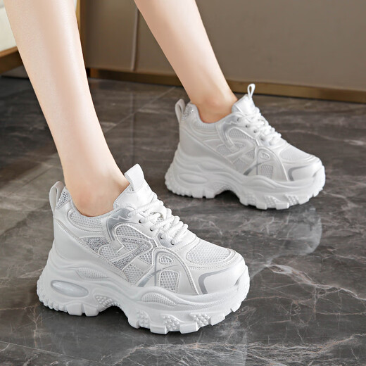 Huilirui thick-soled inner heightening dad shoes for women 2025 new spring and autumn wedge heel small 7cm casual sports shoes black 36