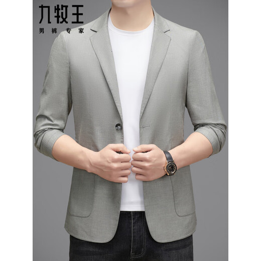 九牧王（JOEONE）西服外套男士高端商务休闲单西春秋新款天丝亚麻痞帅小西装 灰绿色 XL