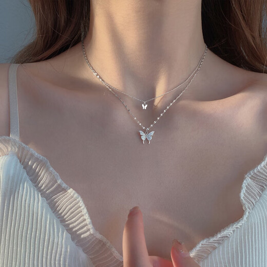 KISS CODE Double-layered Bow Necklace Women's Niche High-end Light Luxury Pendant Super Fairy Cold Style Clavicle Chain Necklace Versatile Accessories Double-layered Butterfly Necklace