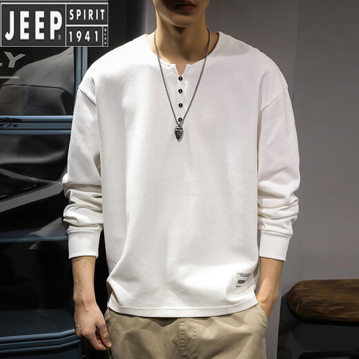 JEEP SPIRIT heavyweight inner wear men's long-sleeved T-shirt spring and autumn loose large size American fashion brand top Henry collar bottoming shirt sweatshirt white M suitable weight 90-130Jin Jin is equal to 0.5 kg