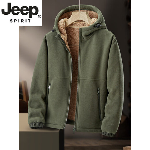 JEEP SPIRIT autumn and winter heavy quality men's fleece jacket casual hooded sherpa plus velvet thickened warm cardigan jacket stand-up collar caramel color M recommended 90-110Jin Jin equals 0.5 kg