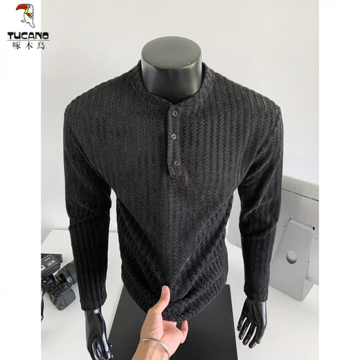 Woodpecker (TUCANO) small fragrant herringbone pattern Henry collar long-sleeved T-shirt men's autumn American chenille heavyweight sweatshirt inner layering shirt black 2XL 150-165Jin Jin equals 0.5 kg