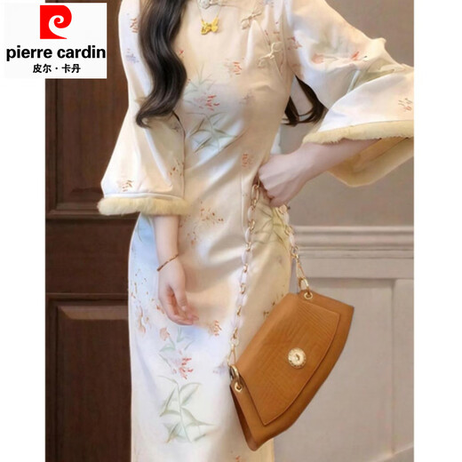 Pierre Cardin New Chinese Style White Cheongsam Dress Women's 2025 Autumn and Winter New Thickened National Style Waist Skirt White Dress (Regular) Version M Recommended 95-105 Jin Jin equals 0.5 kg