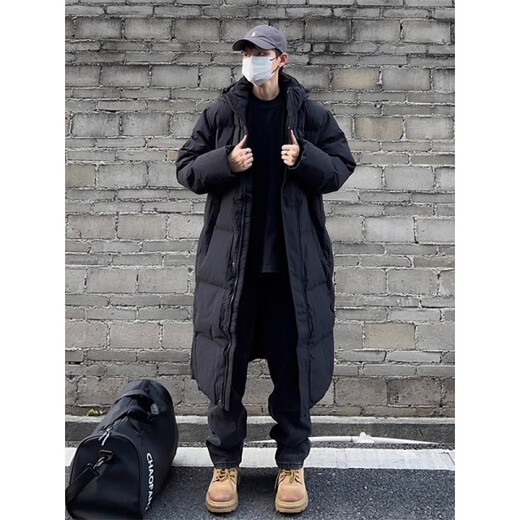 Maycaur black American hooded mid-length velvet cotton coat for men in winter thickened over the knee Northeast cold-resistant handsome coat black L _100-115Jin Jin equals 0.5 kg