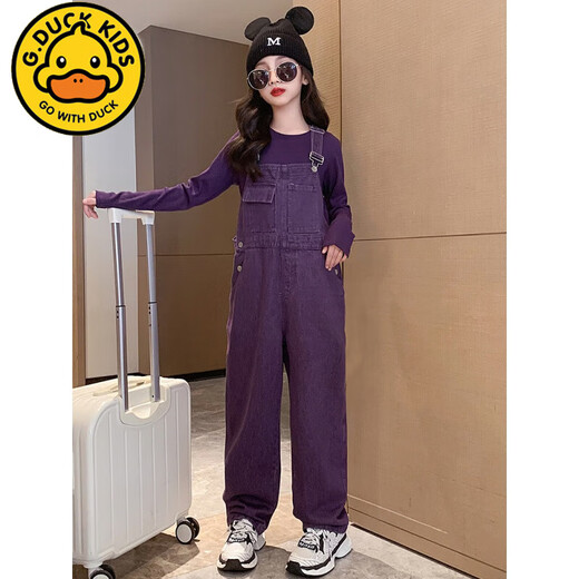 G.DUCKKIDS Little Yellow Duck Girls' Overalls Set Dopamine Style Children's Clothes for Big Girls Purple Fashionable Long-Sleeved Pants Two-piece Set Purple Overalls 160 cm