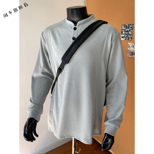 Yuexiang American Polo Henley sweatshirt men's autumn and winter trendy cleanfit pullover with German velvet bottoming shirt top hemp gray M