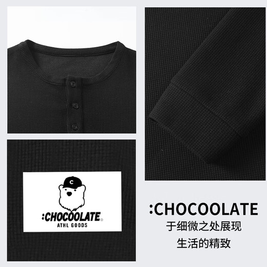 CHOCOOLATE it waffle long-sleeved top men's 2025 autumn black versatile casual pullover henley shirt black 3XL recommended 170Jin Jin equals 0.5kg -190Jin Jin equals 0.5kg