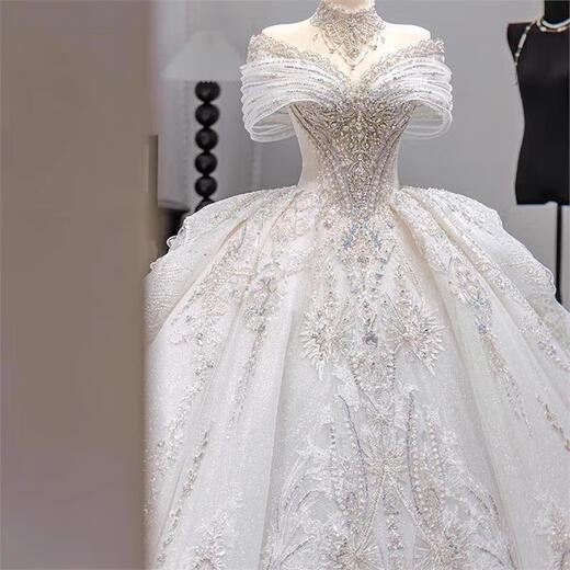 SHANDONGSHAONV main wedding dress bride 2025 new texture one-shoulder small French heavy industry pregnant woman tail white tail wedding dress + three-piece set 2XL