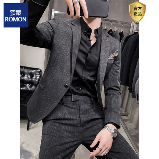 ROMON Korean style suit, handsome and trendy male wedding groomsmen dress host slim suit two-piece suit 102 black two-piece suit = suit + pants S (suitable for 95-105 Jin Jin equals 0.5 kg)