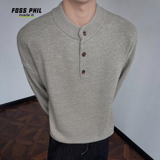 Foss Phil American Henry collar sweater for men in autumn and winter lazy style pullover loose coat sweater JM25821 floral gray L