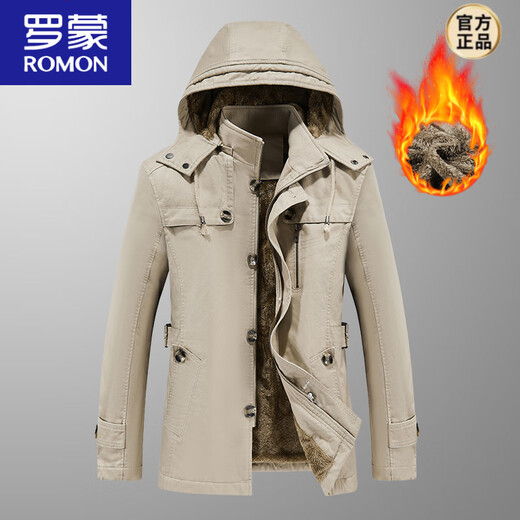 罗蒙（ROMON）纯棉男士秋冬季加绒加厚休闲连帽大码夹克衫风衣外套防风保暖棉袄 加绒黑色 厚款 L 建议110-120斤