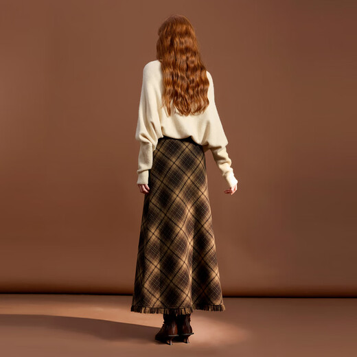 Sancai 2025 new winter plaid skirt raw edge A-line skirt woolen long skirt retro M brown plaid S 155/64A