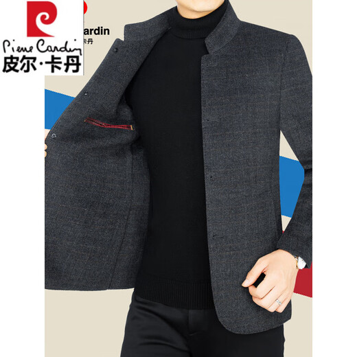 Pierre Cardin 2025 Spring and Autumn Wool Woolen Jacket for Men Middle-aged Dad Chinese Stand Collar Men's Woolen Jacket for Men Black Gray XL 180 (135-150Jin Jin is equal to 0.5kg)