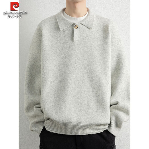 Pierre Cardin lazy style lapel thickened loose casual sweater men's winter old money style Henry collar sweater jacket knitted cloud yarn gray M Height 160-165cm Weight-120Jin Jin equals 0.5 kg