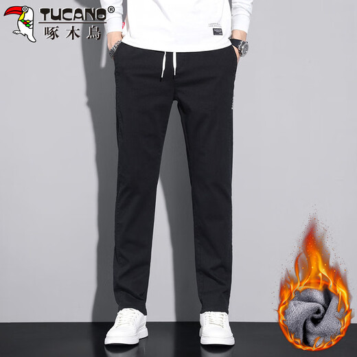 Woodpecker (TUCANO) pants men's autumn and winter straight casual pants men's loose sports trend versatile trousers black plus velvet 32