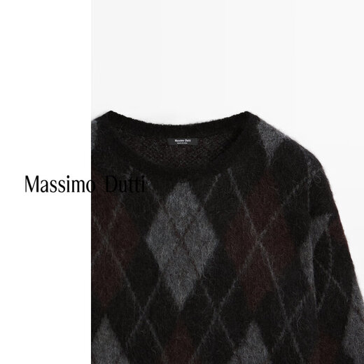 Massimo Dutti Autumn and Winter New Products 2025 Women's Retro Versatile College Style Argyle Sweater Round Neck Sweater 05768923 Black XS (CN 165/84A)