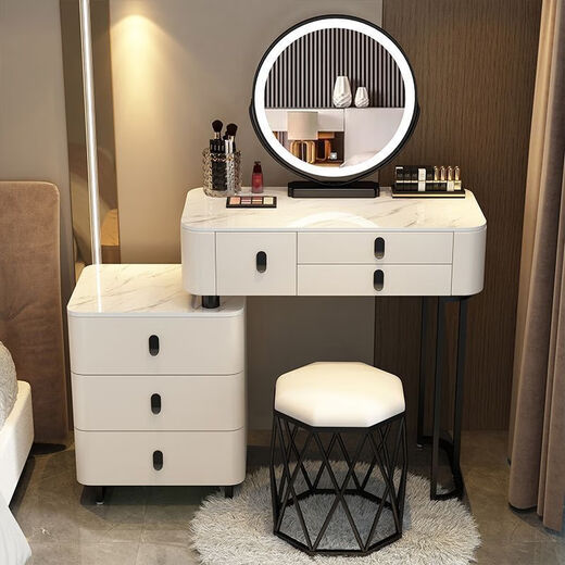 Small apartment solid wood dressing table bedroom modern simple high-end solid wood slate dressing table storage cabinet integrated CHH solid wood frame black handle (7MM slate) white 115.5 three-drawer table + smart mirror + cabinet + bird's nest stool