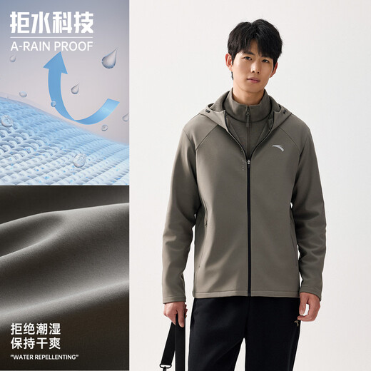 ANTA Water-Repellent Soft Shell Jacket丨Fleece Stretch Water-repellent Jacket Men's Autumn and Winter Sports Jacket Executive Men's Windbreaker Anti-UV+Fleet+Splash-Repellent+Hooded Basic Black 7602-5 L