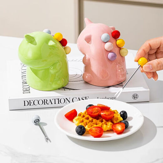 Unicorn Fruit Light Luxury Ceramic Tableware Set Home Cute High-grade Stainless Steel Storage Safe Fruit Fork Ceramic Macaron Custard Unicorn + 6 Forks