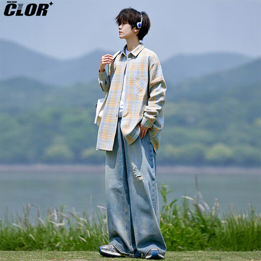 CLOR plaid long-sleeved shirt men's autumn ins loose casual shirt American retro jacket CLCX10 yellow XL