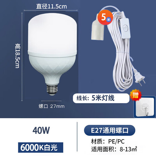 Biuyum plug socket chandelier switch extension cord hanging LED energy-saving lamp with cord plug integrated lamp E27 screw socket two plugs 5 meters light cord + 1 40W bulb