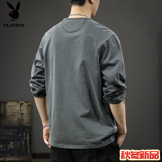 Playboy (PLAYBOY) 2025 new casual men's fashion long-sleeved T-shirt loose and thin spring and autumn trendy brand Henry collar bottoming shirt sweatshirt Gray M _ Recommended 86-100Jin Jin equals 0.5 kg