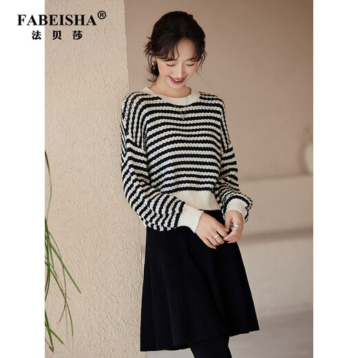 Fabersa brand black and white striped round neck long-sleeved sweater for women 2025 autumn and winter new loose large size versatile top black and white striped M