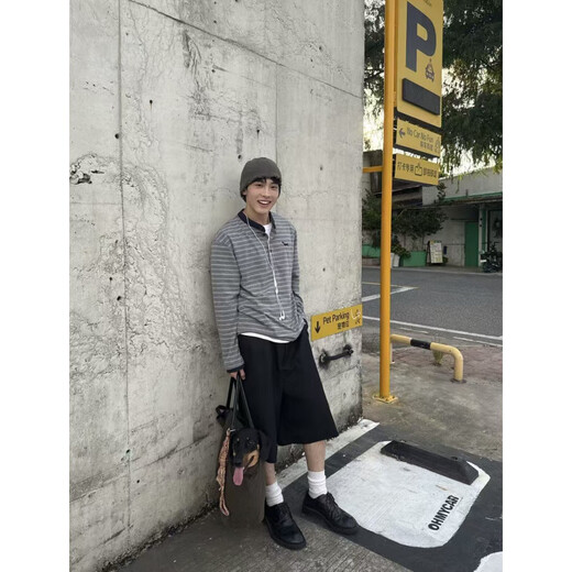 College Style Striped Henley Collar Sweatshirt Men's Autumn 2025 New Loose Lazy Long Sleeve T-Shirt Bottoming Shirt Top Striped XL Recommended 120-140Jin Jin equals 0.5 kg