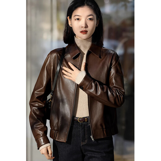 KAISER Kaiser Leather Jacket Women's Genuine Leather Lapel Waist Lambskin Single Leather Jacket Autumn Leather Jacket Women's Brown M