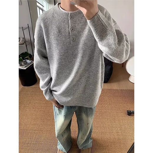 Chestnut Gray American Henley Collar Sweater Men's Autumn and Winter Premium Lazy Style Bottoming Sweater Cleanfit Inside 1961-Light Gray XL (Recommended 115-135 Jin Jin equals 0.5 kg)