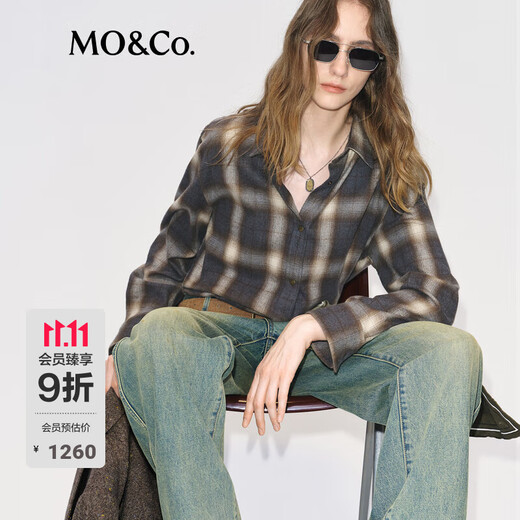 MO&Co. Shirt 2025 Winter New Product Double-sided Brushed Thick Cotton Gradient Plaid Matte Old Feel Unisex MBE4SHT003 Gray Brown Plaid S /160