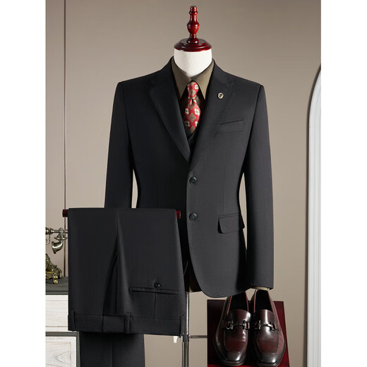 Lilanx high-end 10% wool suit men's suit business formal fashion slim large size groom's wedding suit three-piece black suit + trousers + vest XL (125-140Jin Jin equals 0.5 kg)