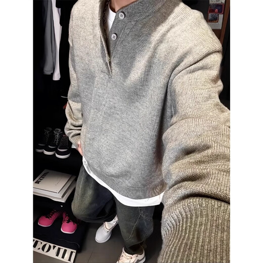 Yiran's new sweater for men in autumn, American Henry, lazy style, cleanfit, fashionable bottoming top for men, light gray XL, recommended 115-140Jin Jin is equal to 0.5 kg