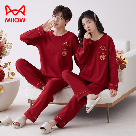 猫人结婚全棉情侣装睡衣男女士纯棉春秋季红色本命年圆领秋冬天家居服 红色+红色9227 2XL 【女款 ( 建议体重140-160斤】