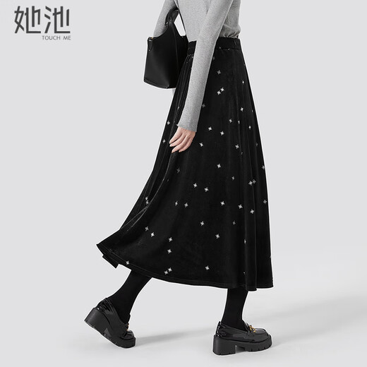 She Chi Xingkong Velvet Skirt Women's 2025 Autumn New Retro Elegant High Waist A-Line Midi Skirt