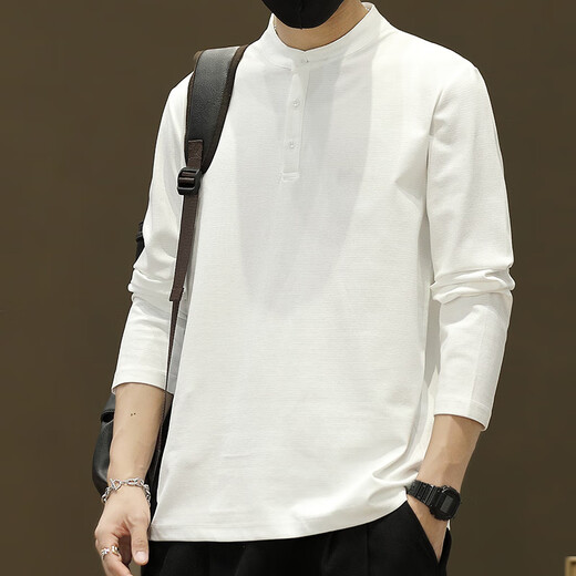 Falling retro Henry collar long-sleeved T-shirt men's new spring and autumn ins winter wear velvet thickened sweatshirt bottoming shirt white L 120Jin Jin is equal to within 0.5 kg