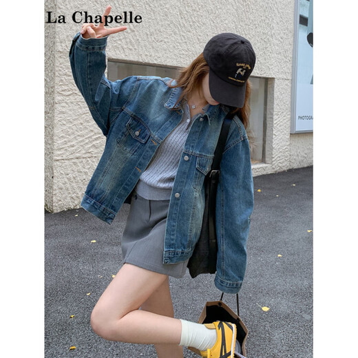 La Chapelle blue washed denim jacket for women 2025 autumn new fashion age-reducing design loose casual versatile jacket blue S 105Jin Jin is equal to 0.5 kg within