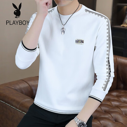 Playboy (PLAYBOY) Classic European Station 2025 Autumn and Winter New Men's Round Neck Velvet Sweatshirt Trendy Brand Fashion Pullover Bottoming Shirt White L