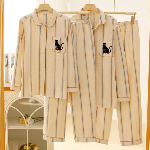 First look for Japanese simple striped high-end pure cotton flannel couple pajamas spring and autumn new men and women casual simple home clothes off-white men's XL