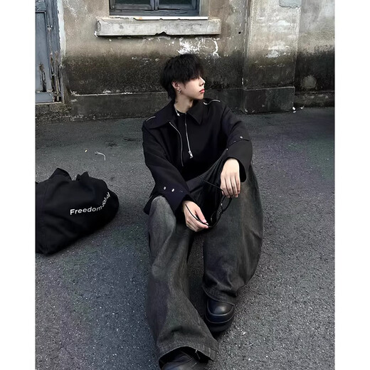 POUM American cleanfit shoulder pad short jacket men's handsome lapel shoulder top design niche jacket trend XKFS-J422 black XL