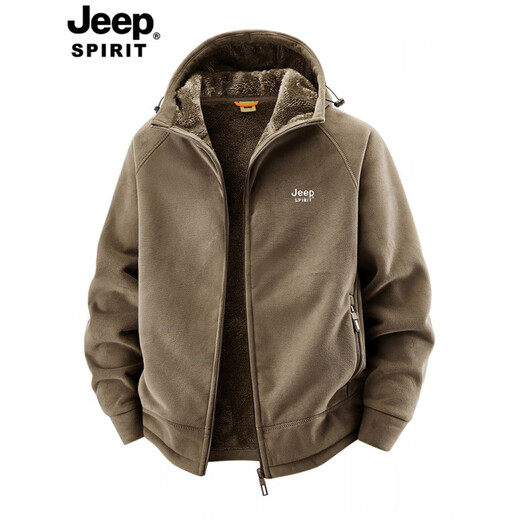 JEEP SPIRIT Jeep Polar Fleece Jacket Men's Autumn and Winter Young and Middle-aged Loose Large Size Casual Jacket Coldproof Plus Velvet Thickened Dark Gray Velvet 2518A Hooded 2XL Recommended 145-160Jin Jin equals 0.5 kg