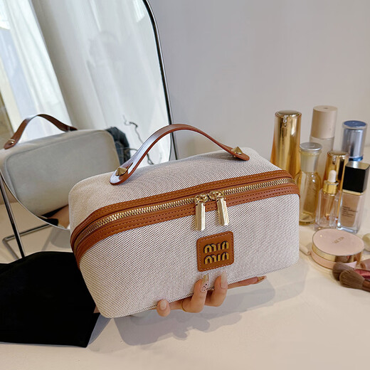 Enjoyment House High-end Cosmetic Bag Large Capacity Travel Cosmetic Storage Bag Portable Outing Toilet Bag with Handle Brown Large Capacity Partition Design