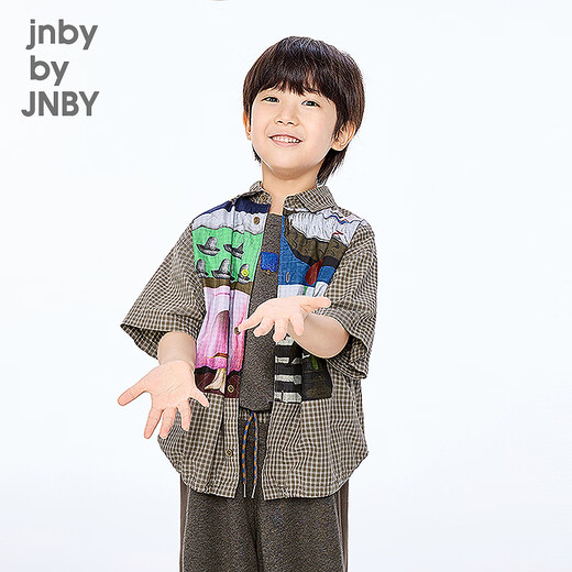 Jnby by JNBY Same style as the show, new Jiangnan Buyi children's short-sleeved shirt H-shaped cotton 25 autumn boys and girls 1P7211720 964/khaki coffee strip/grid 100 cm