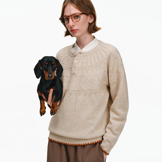 PCLP Henry collar contrast edge sweater autumn and winter new national trend Fair Isle loose versatile fashionable sweater off-white L