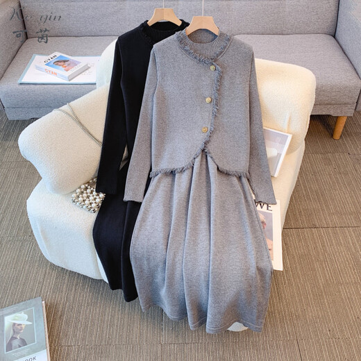 Keyin Dress Women's Suit 2025 Autumn and Winter New Style Small Fragrance Vest Jacket Bottoming Knitted Skirt Women Black Two-piece Set L Recommended 95-115Jin Jin equals 0.5 kg