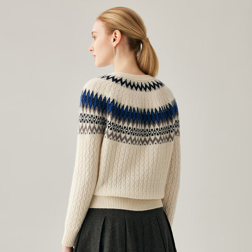 Zhaojun 2025 Autumn and Winter New Fair Isle Jacquard Cashmere Sweater Women's Round Neck Long Sleeve Knit Sweater Thickened Bottoming Sweater Cloud White XL