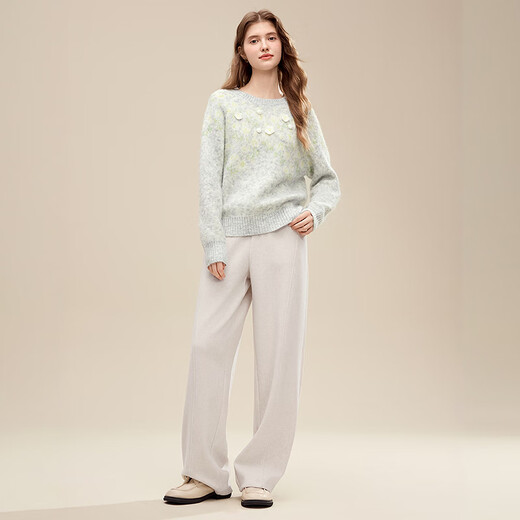 百图（betu）女装2025年冬季新款毛衣手钩提花潮流立体花朵软糯上衣女2511T51 浅灰 XS （浅灰预售11/20发货）