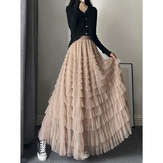 Xianqi mesh cake skirt for women 2025 autumn new mid-length skirt a-line skirt high-end pleated umbrella skirt black one size fits all recommended 80-155 Jin Jin equals 0.5 kg