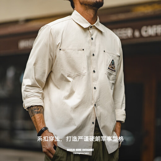 Madden workwear American retro long-sleeved shirt men's Indian totem patchwork pocket stacked cotton shirt spring off-white S