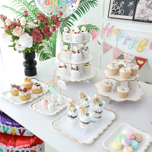 He Jiagong birthday arrangement dessert table ornaments wedding display shelf disposable three-layer table cake tray snack rack white dessert table large wave white package 70